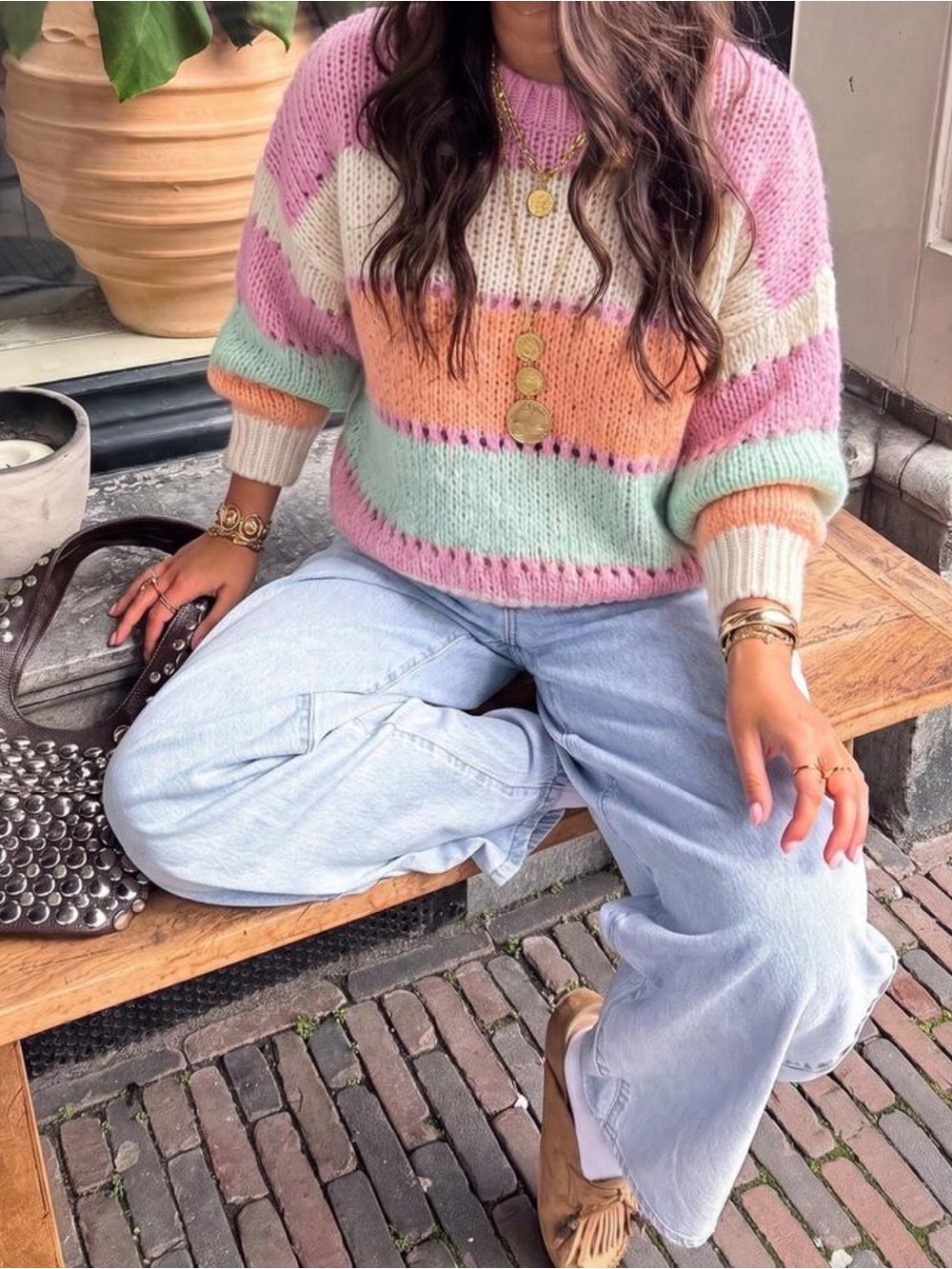Pastel Striped Cozy Knit Sweater - Pink & Cream